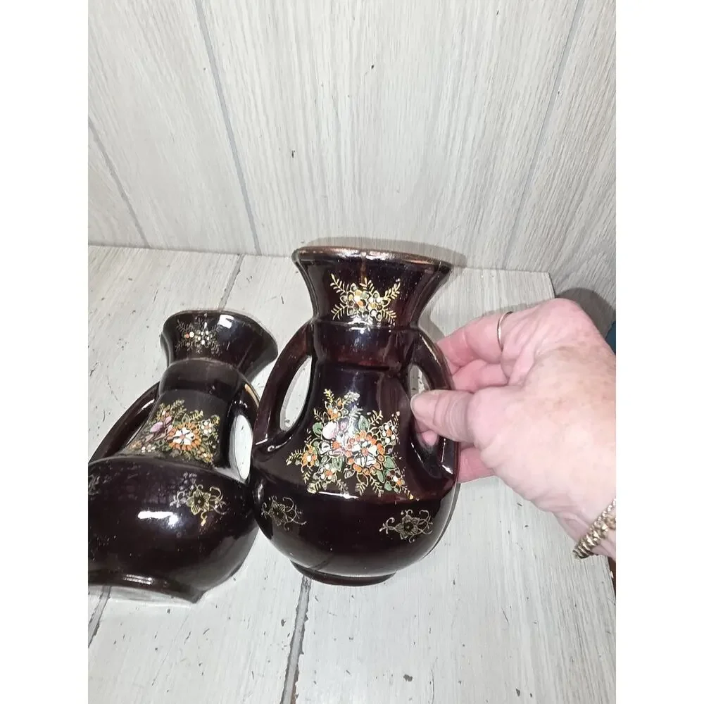 Vintage 1950s Japanese Porcelain Wall Pockets Handpainted Floral Redware Set